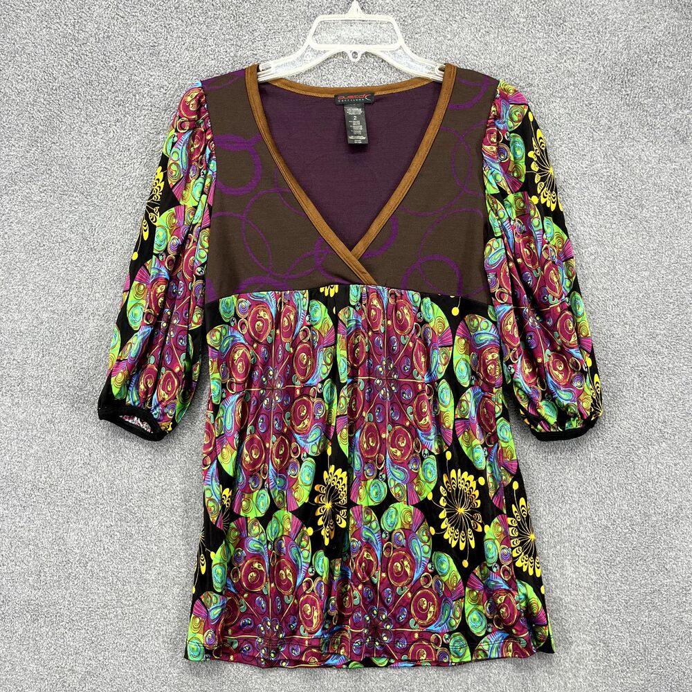Custo Barcelona Top Womens 2‎ Multicolored V Neck Y2K Puff sleeve DAMAGE READ
